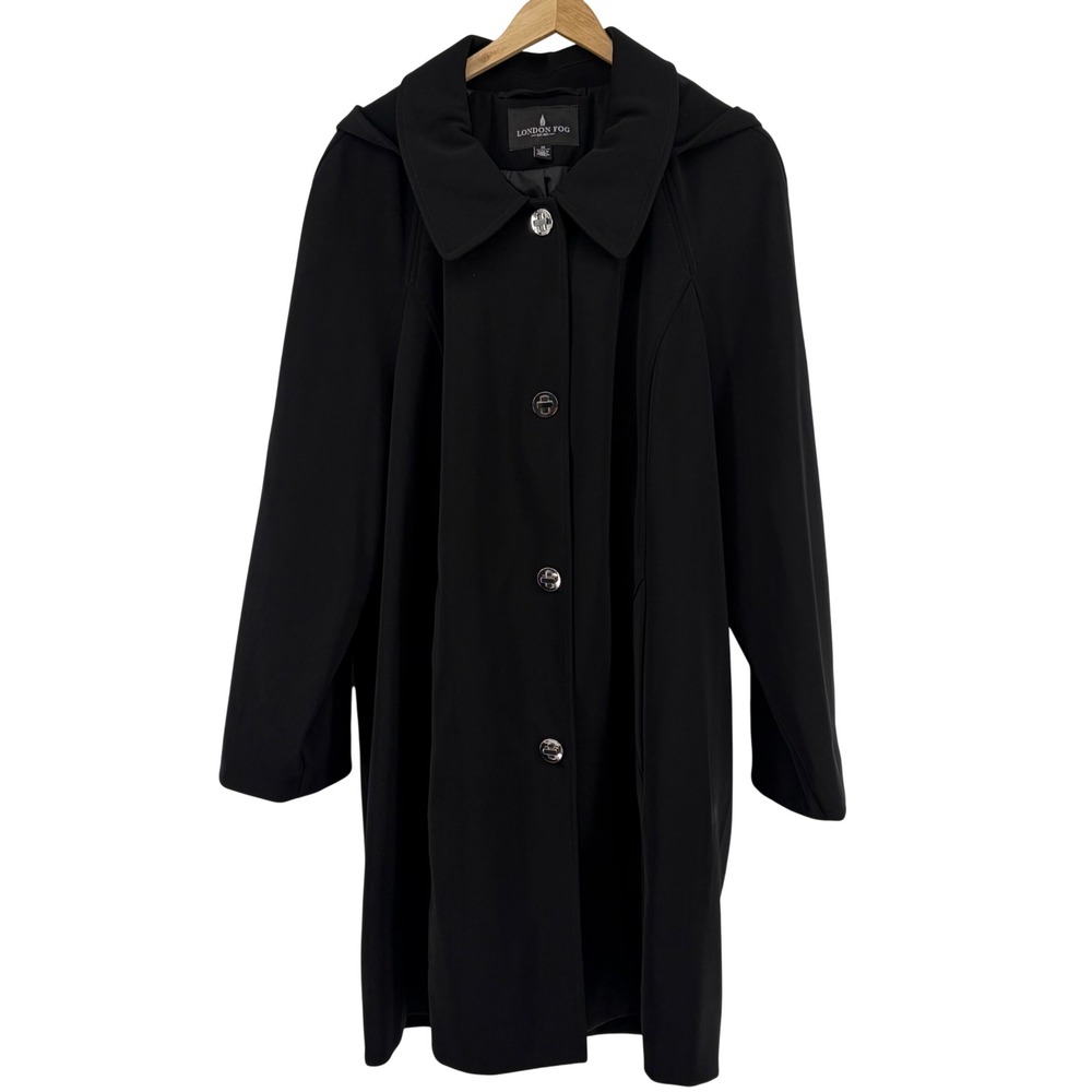 London Fog Womens Black Hooded Trench Coat Turn-Lock Button Plus Size 2X